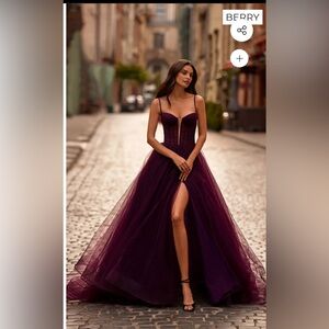 La Femme Purple Gown with Sweetheart Neckline and Slit
